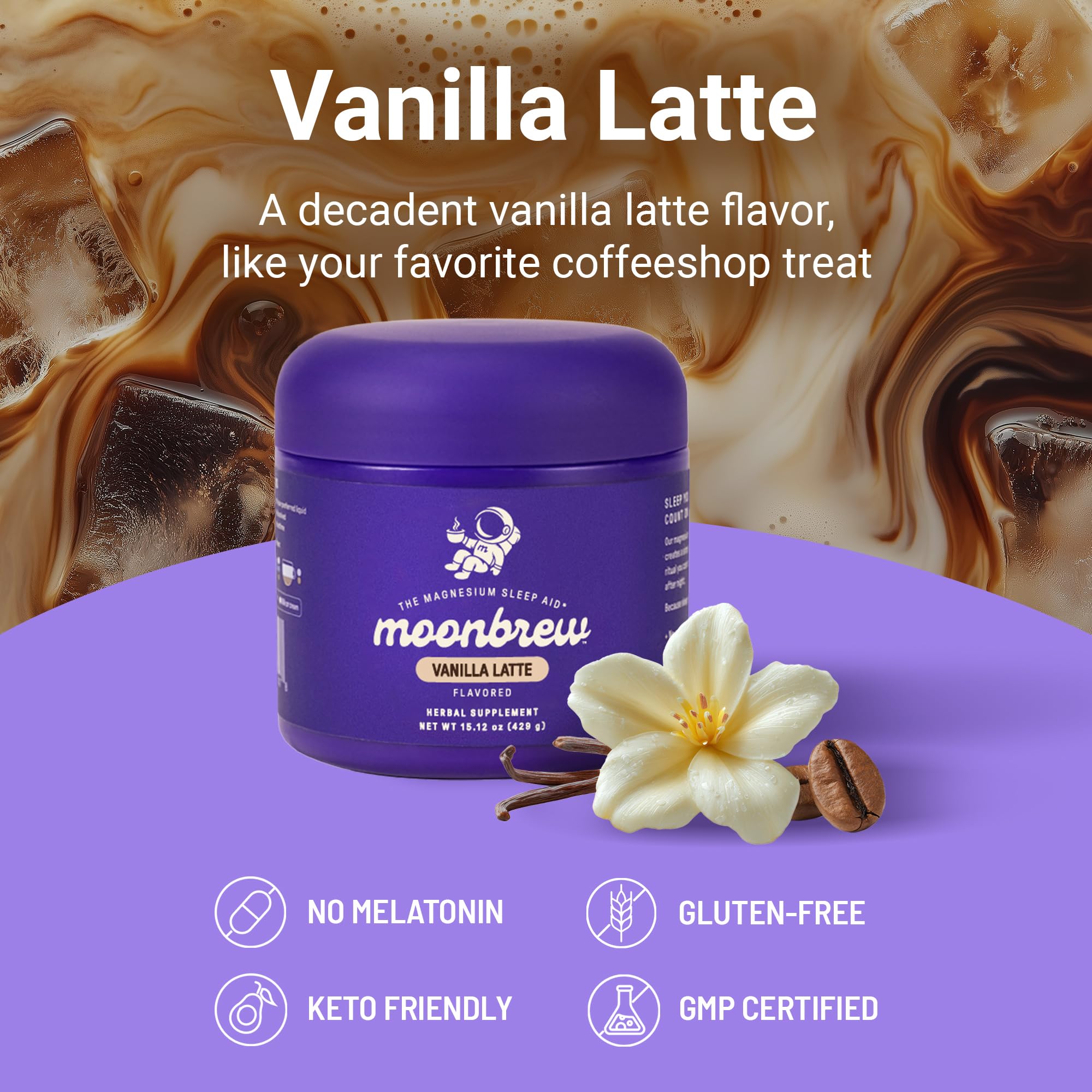 MoonBrew Vanilla Latte jar closeup, highlights gluten-free unwind.