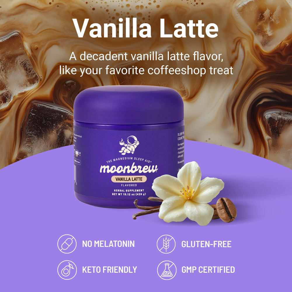 MoonBrew Vanilla Latte jar closeup, highlights gluten-free unwind.