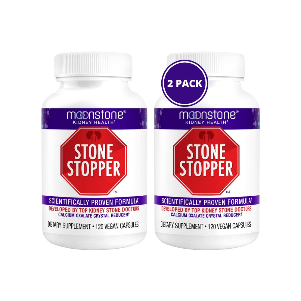 Moonstone Stone Stopper bottle with capsules for kidney health support.