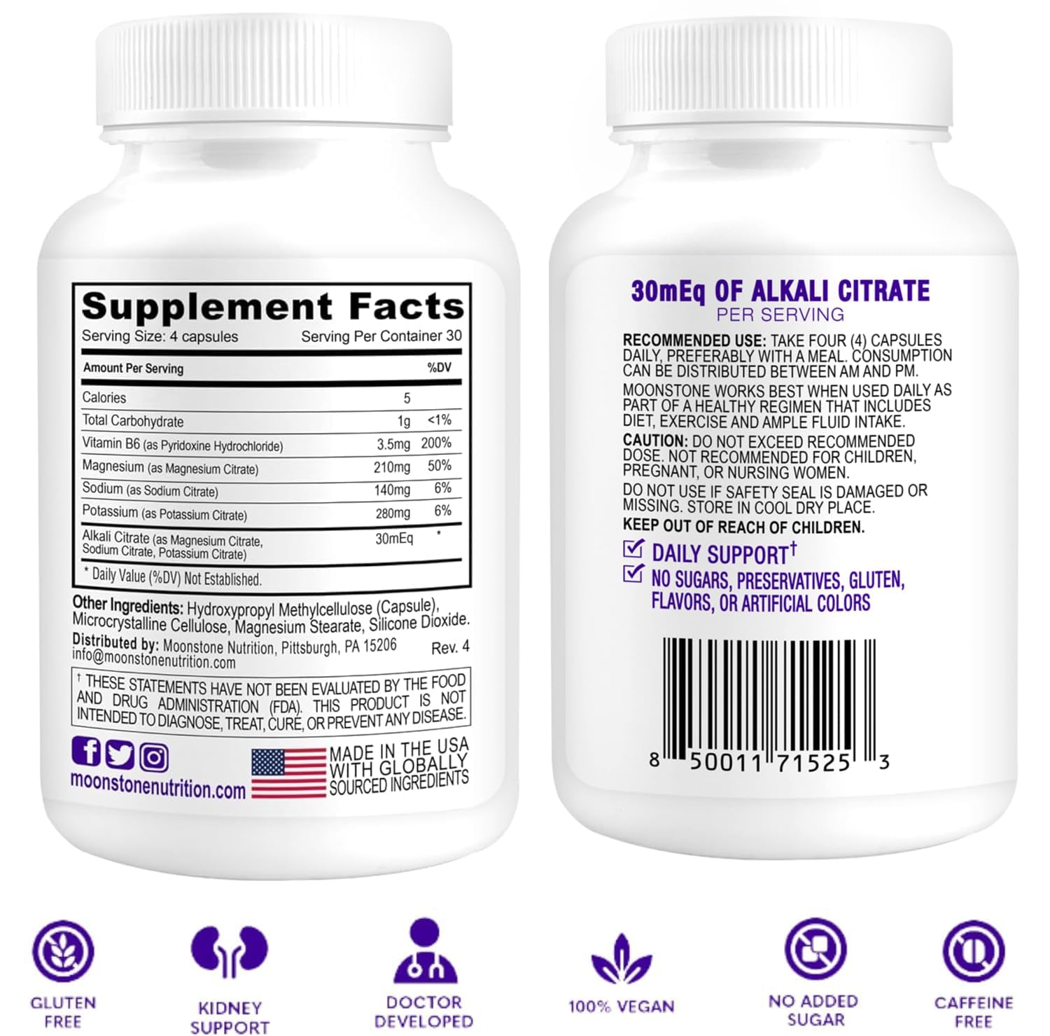Moonstone Stone Stopper label close-up emphasizing alkali citrate support.
