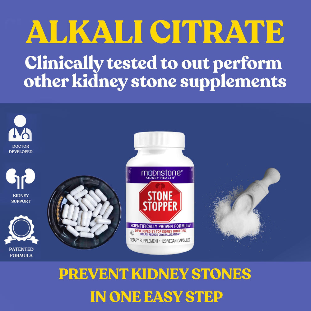 Moonstone Stone Stopper pack shot highlighting convenient 120-count bottle.