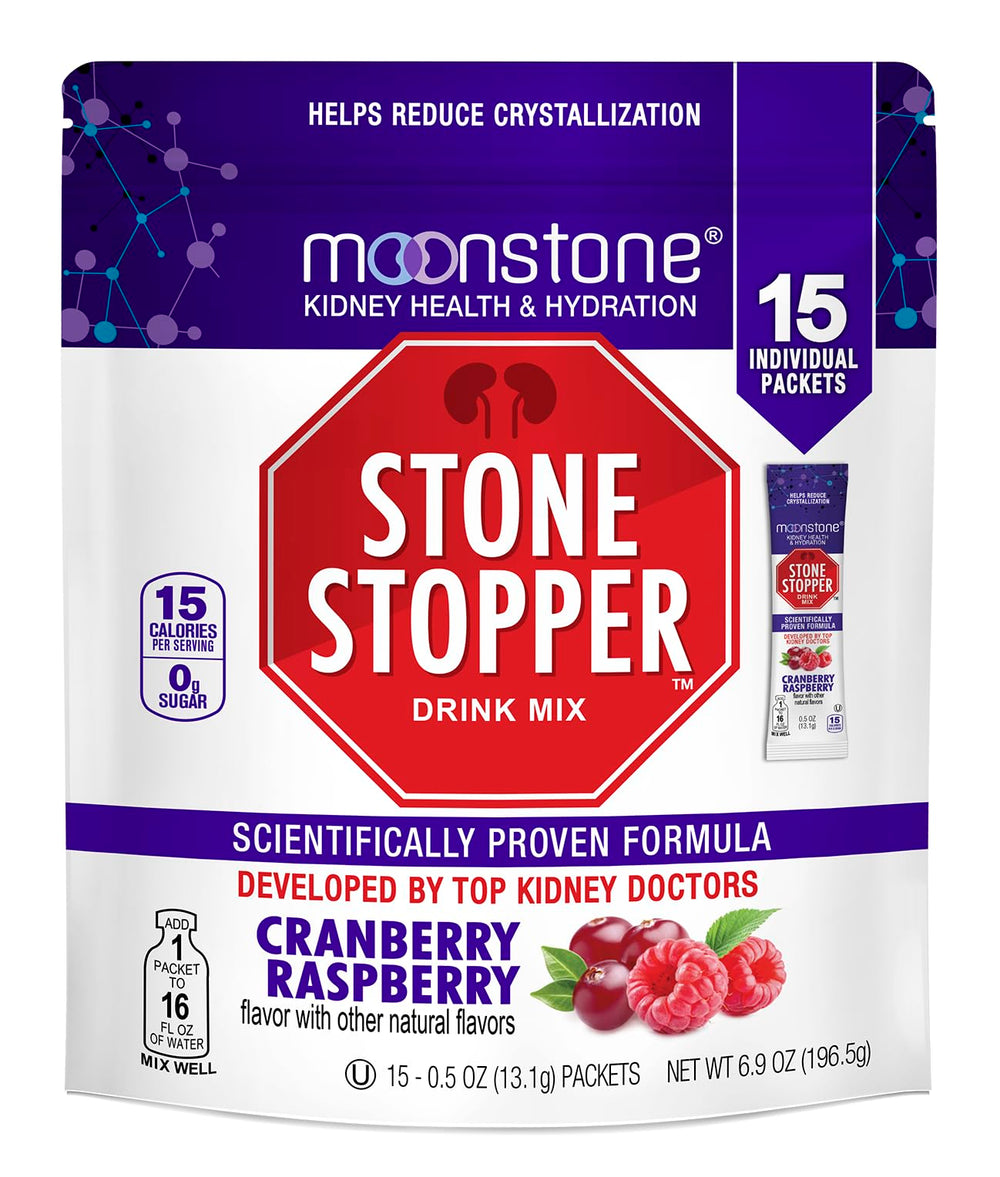Moonstone Stone Stopper Drink Mix bottle showing cranberry raspberry flavor for hydration support.