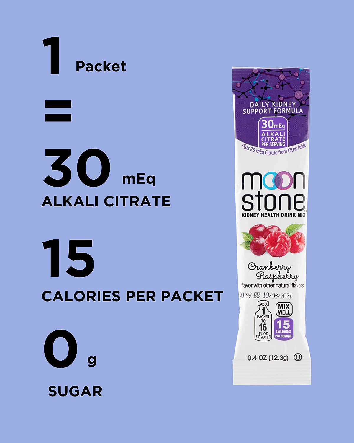Moonstone Drink Mix label close-up emphasizes patented formula and kidney health support.