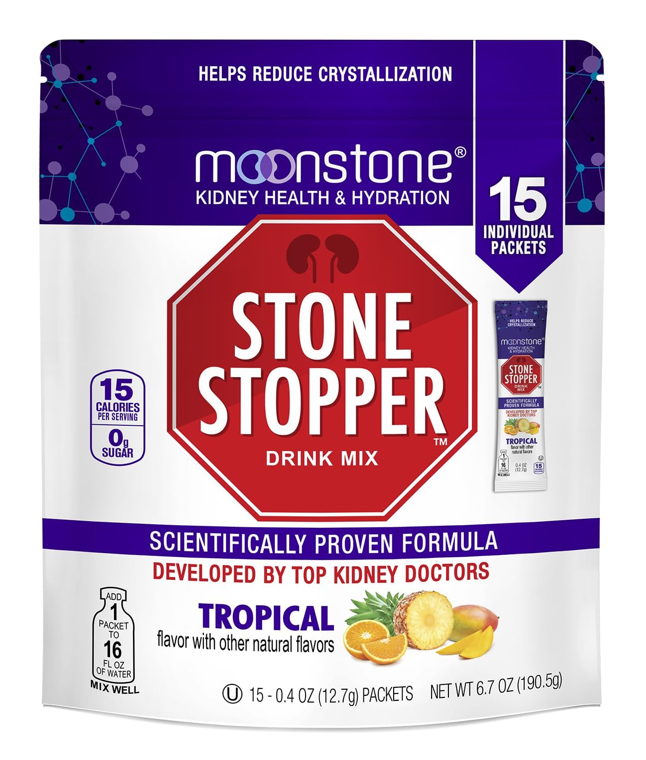 Moonstone Stone Stopper Drink Mix Tropical bottle for refreshing hydration support