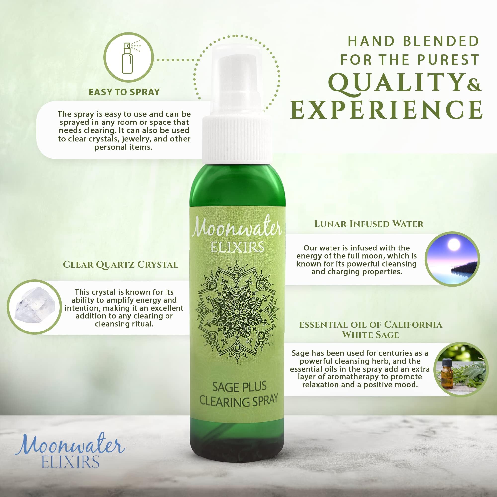Moonwater Elixirs crystal-infused sage spray with crystal closeup for enhanced ritual energy