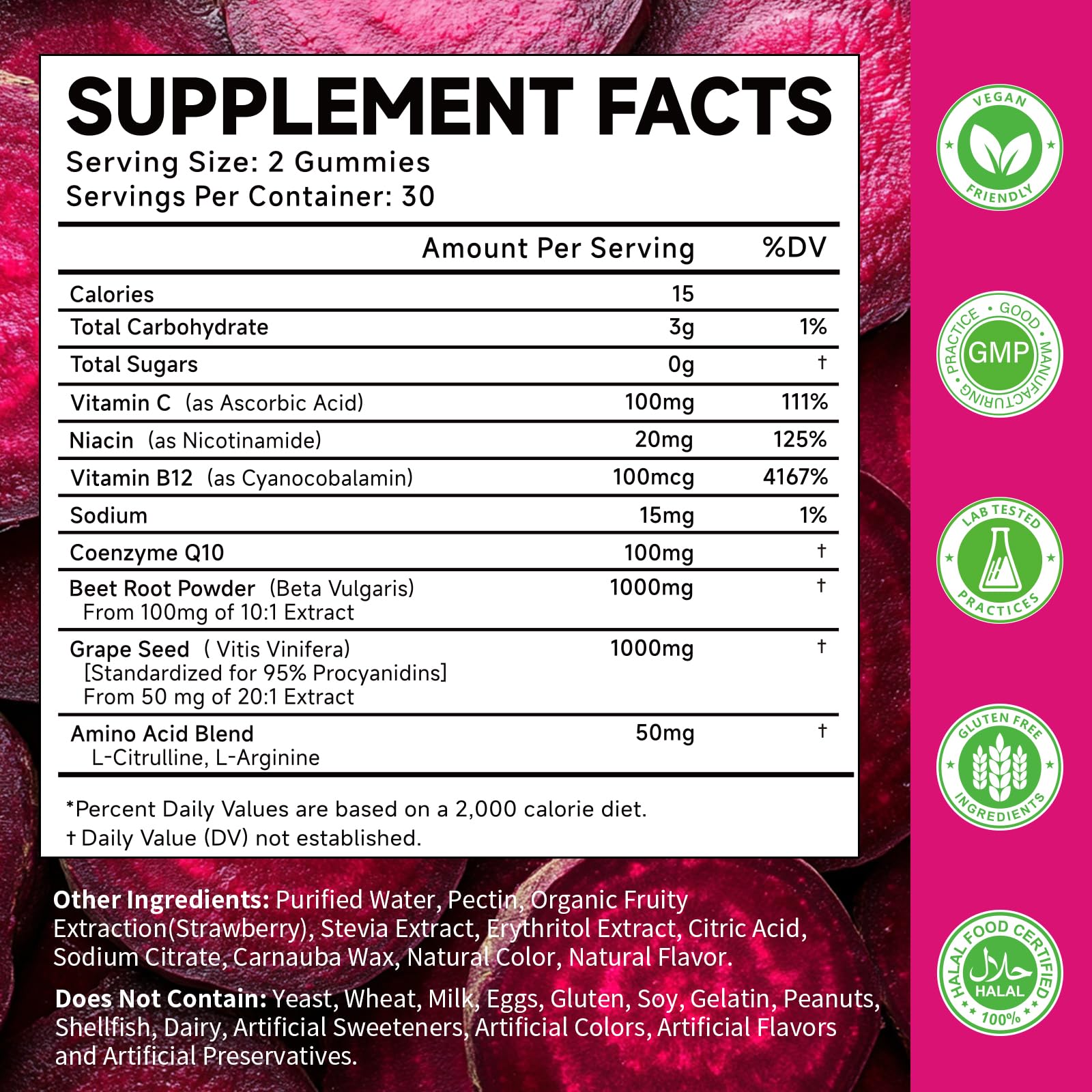 MOORGUMY Beetroot Gummies ingredients label shows beetroot and vitamins.