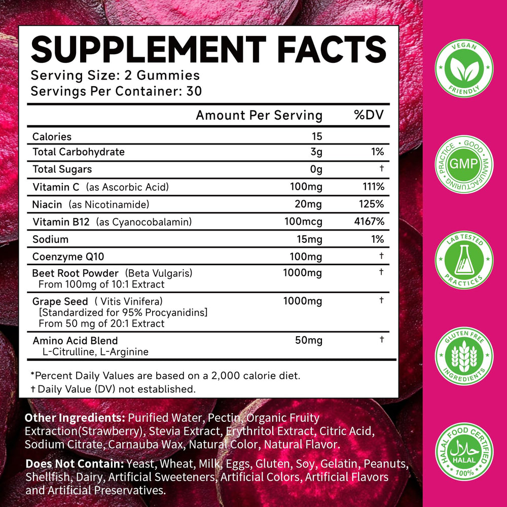 MOORGUMY Beetroot Gummies ingredients label shows beetroot and vitamins.