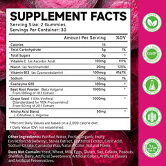 MOORGUMY Beetroot Gummies ingredients label shows beetroot and vitamins.