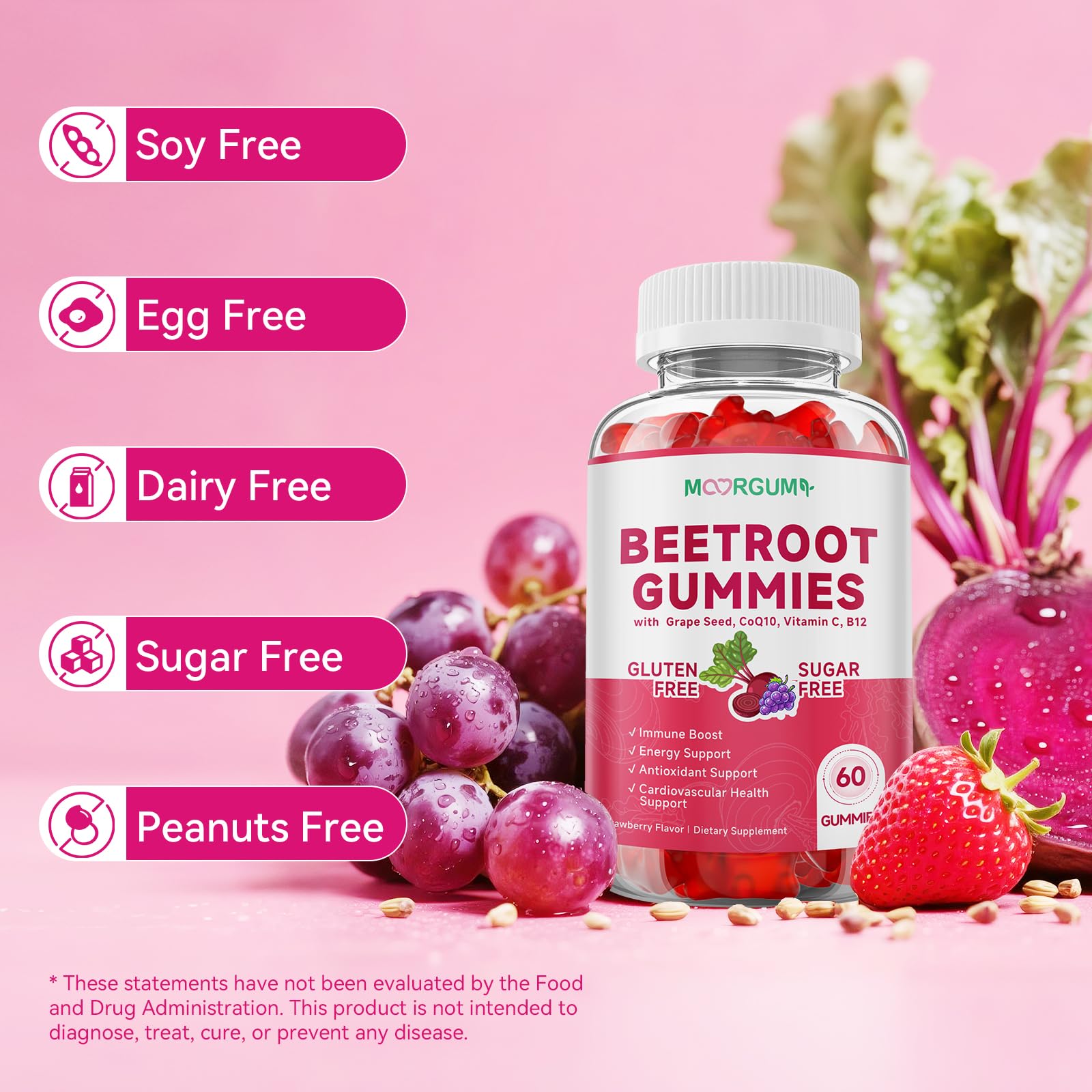 MOORGUMY Beetroot Gummies label details focus on beetroot and grape seed.