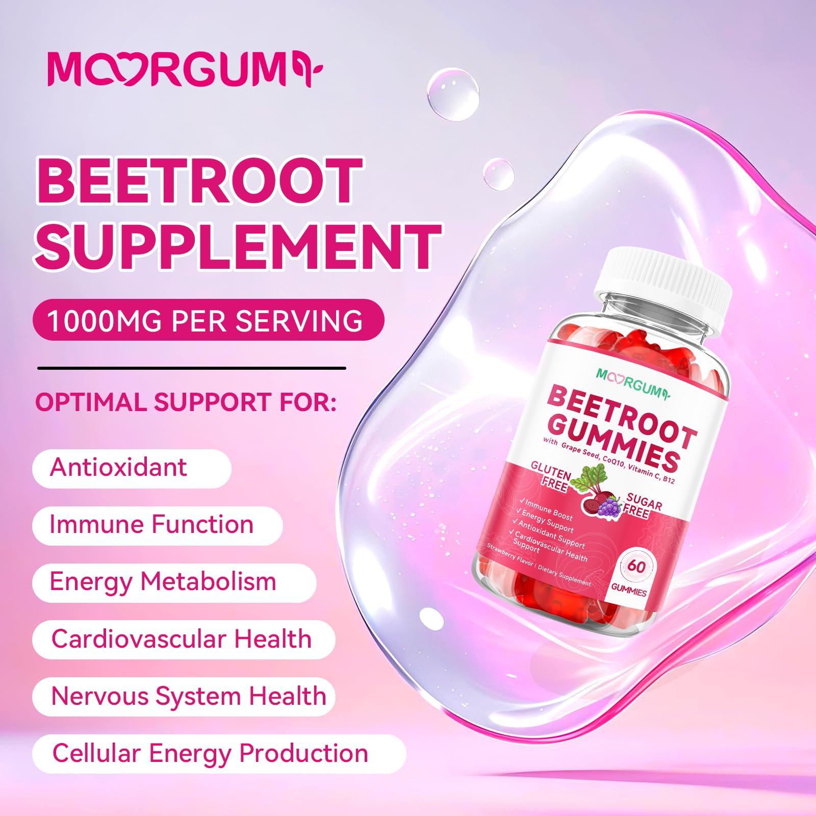 MOORGUMY Beetroot Gummies nutrition panel highlights sugar-free formula.