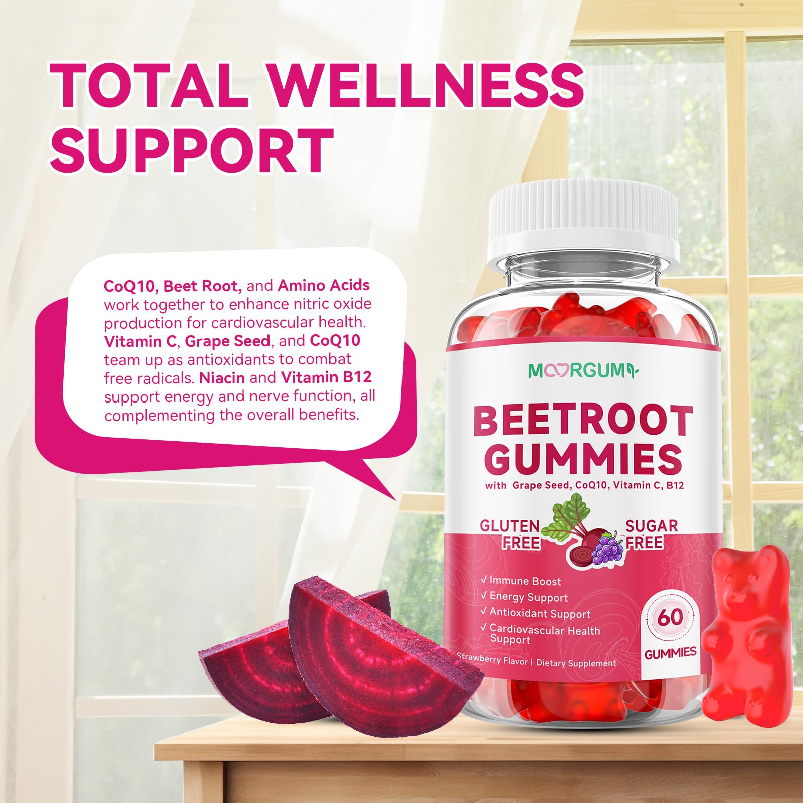 MOORGUMY Beetroot Gummies serving shot with water.