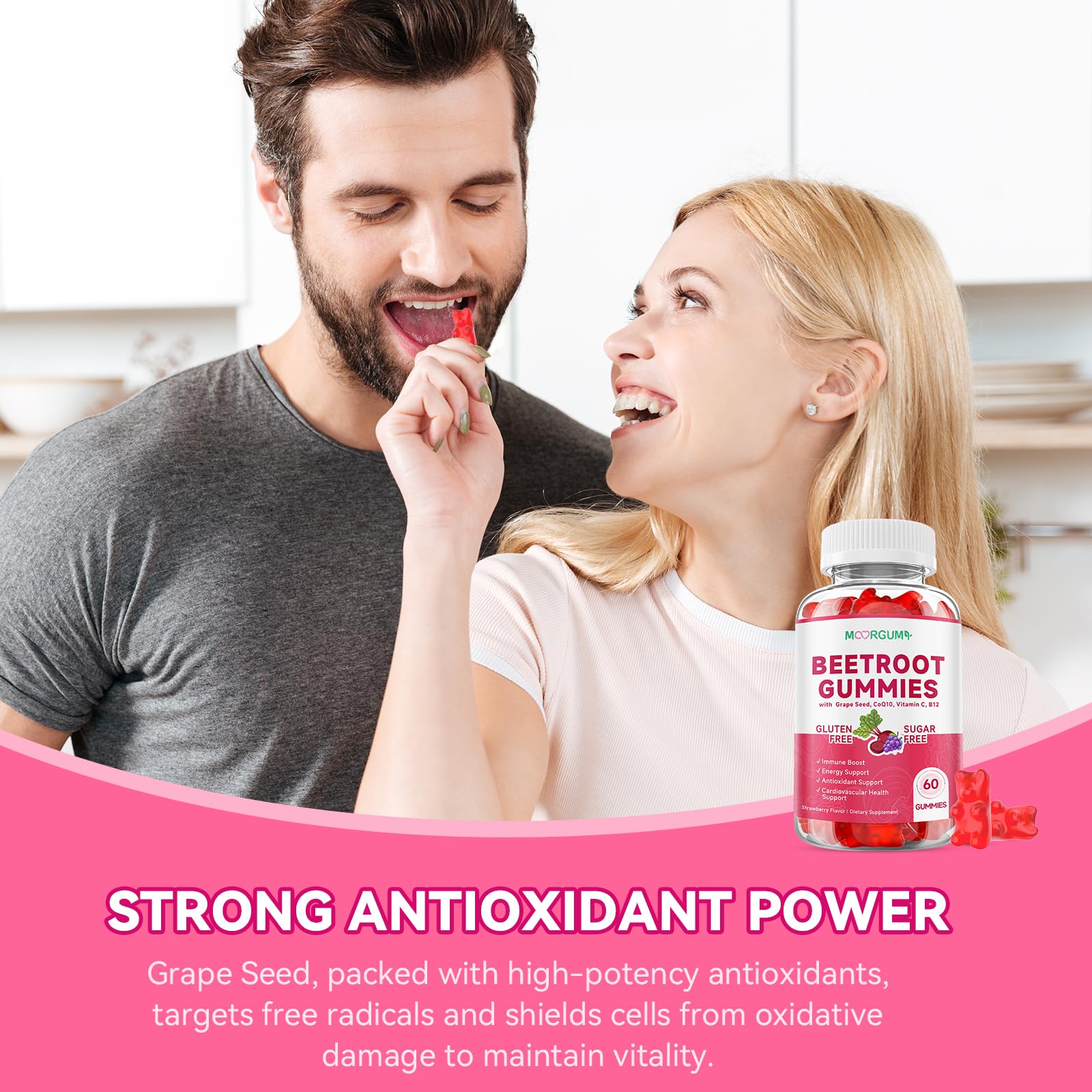 MOORGUMY Beetroot Gummies vitamin blend highlights CoQ10 and B vitamins.