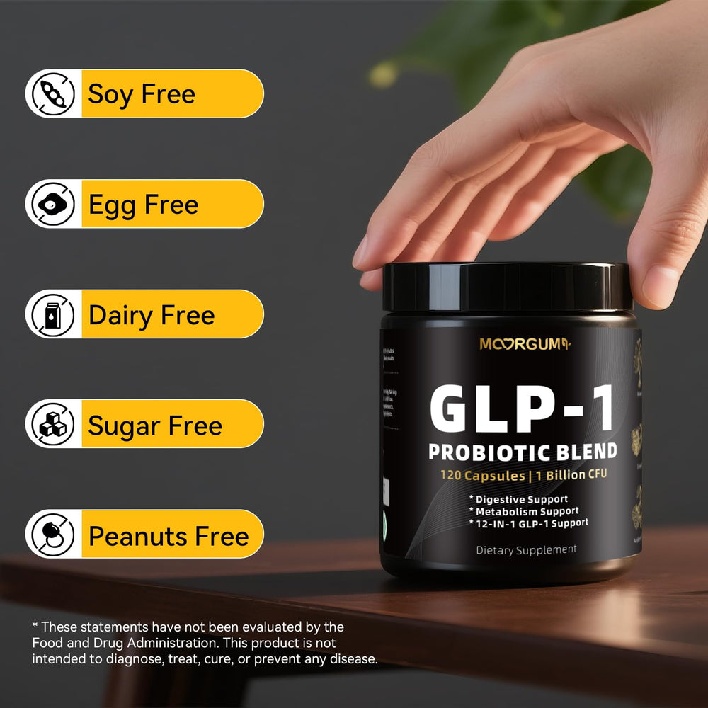MOORGUMY GLP-1 bottle with glass of water suggesting routine.