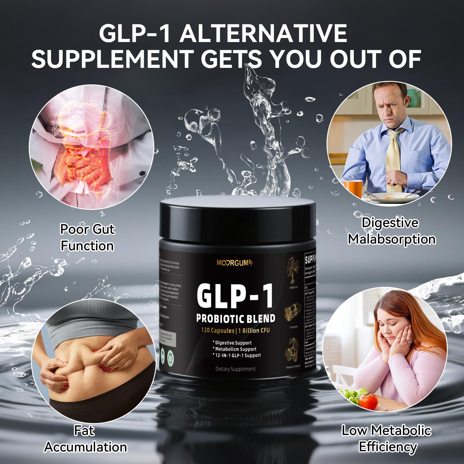 MOORGUMY GLP-1 ingredient panel featuring L-Glutamine, berberine, and inulin.