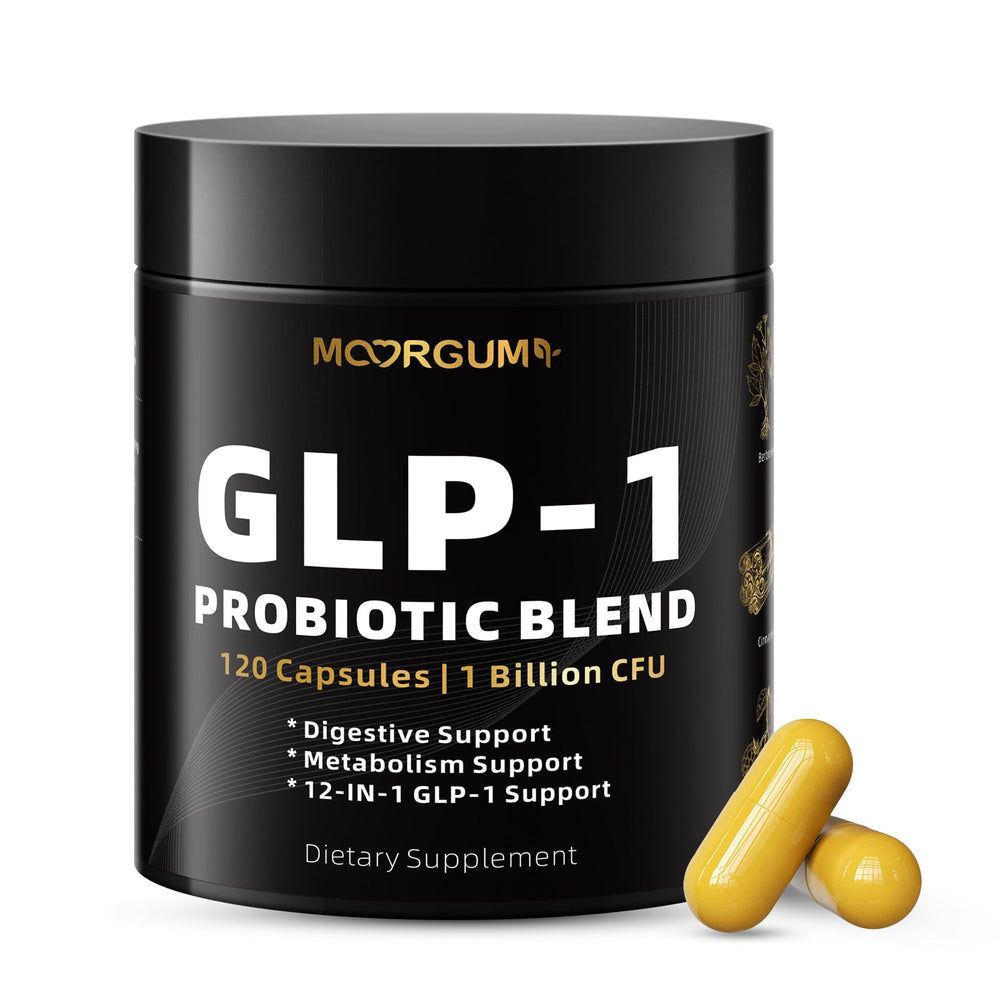 MOORGUMY GLP-1 capsules bottle close-up highlighting digestive balance support.