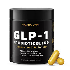 MOORGUMY GLP-1 capsules bottle close-up highlighting digestive balance support.