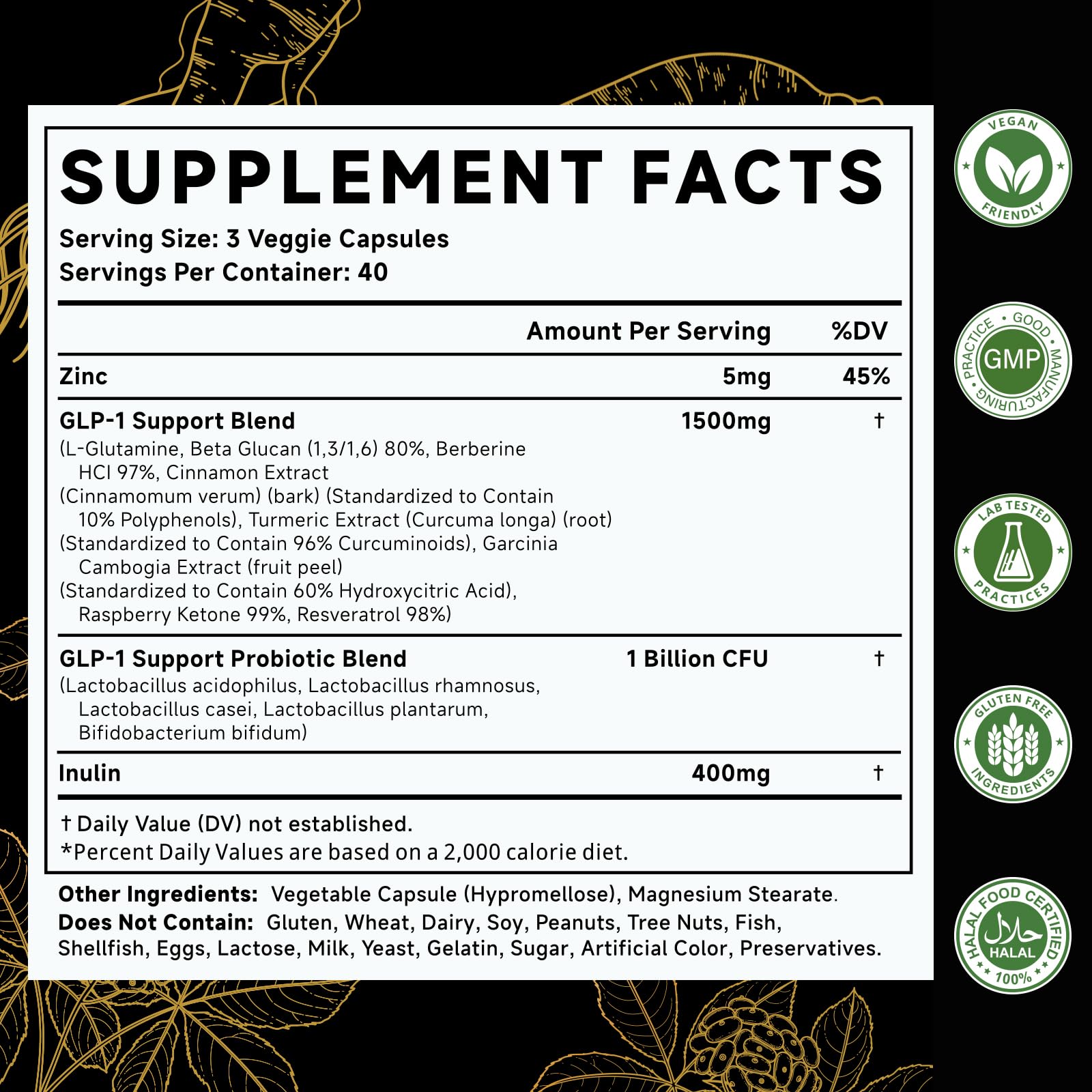 MOORGUMY GLP-1 label close-up showing probiotic strains for gut health.