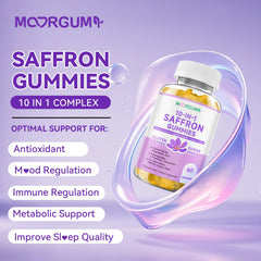 Close-up MOORGUMY saffron gummies with vibrant color and antioxidant-rich profile