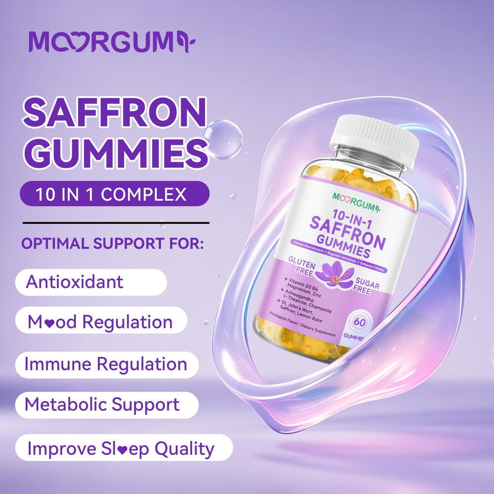 MOORGUMY saffron gummies label shows ingredients and allergen-free formula.