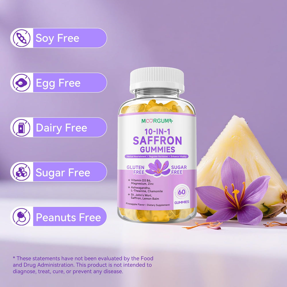 MOORGUMY saffron gummies packaging and bottle displayed for home use.