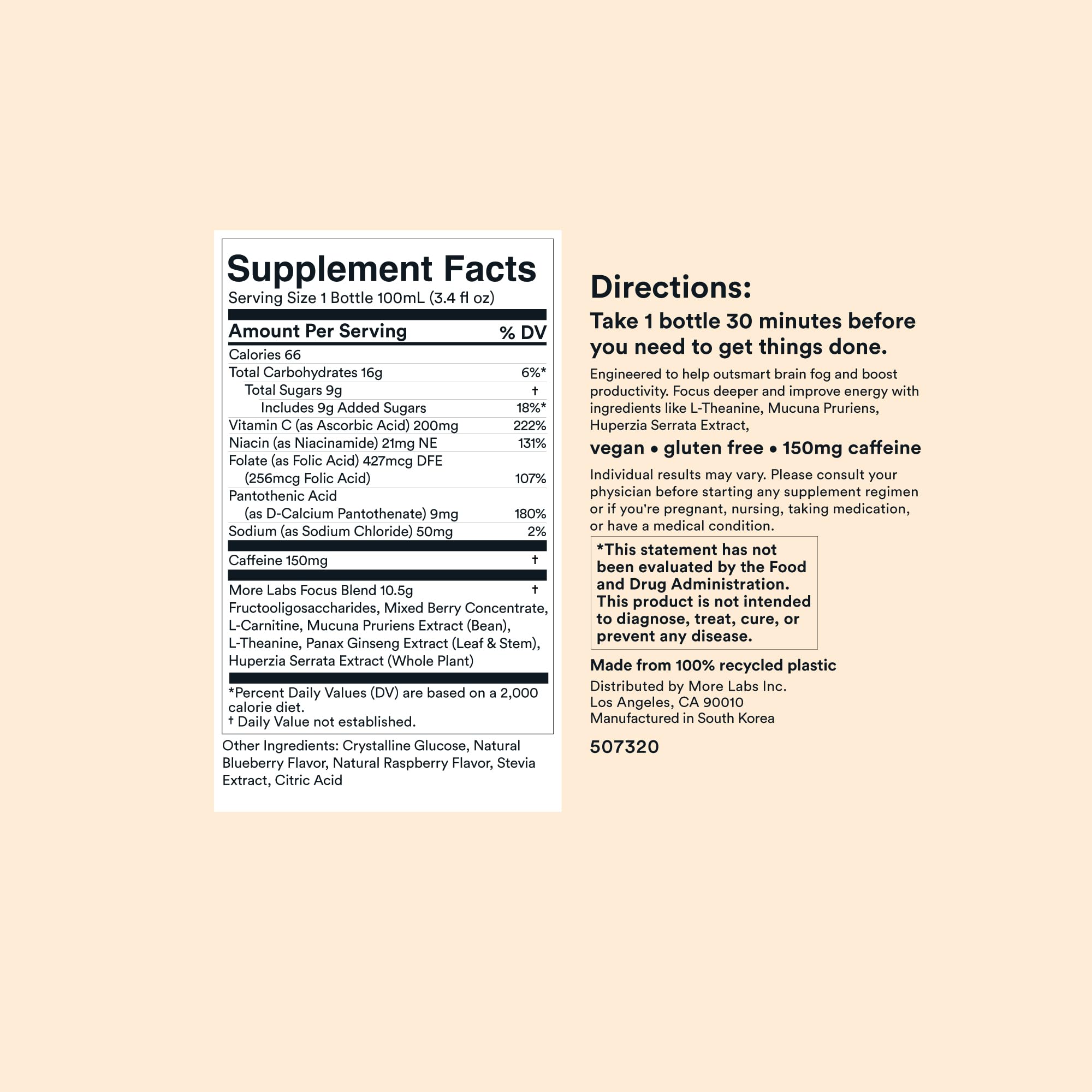 More Labs Liquid Focus pack of 12 shown for ongoing study sessions and productivity.
