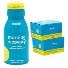 More Labs Morning Recovery bottle front showing compact, travel-friendly hydration for evenings out.