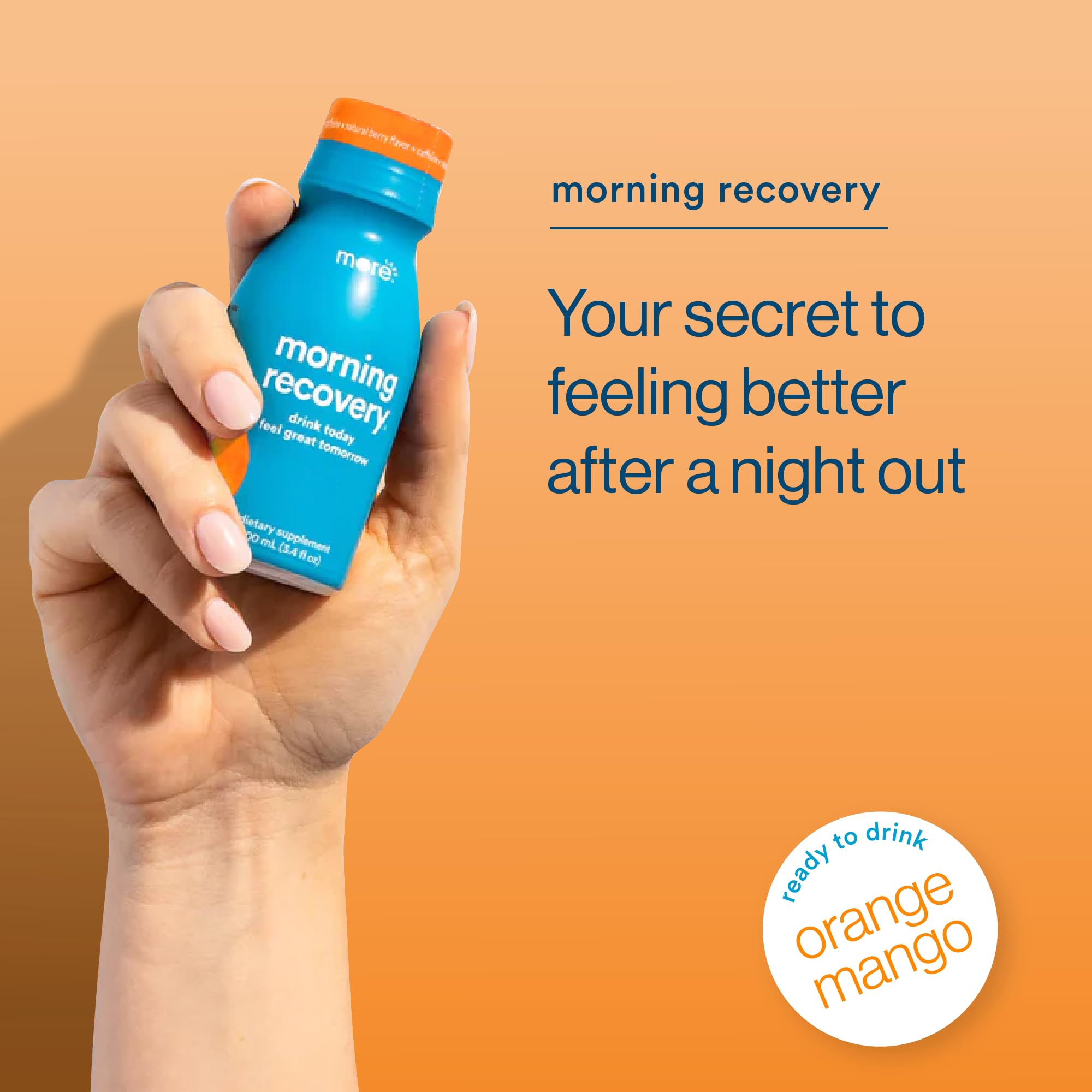 More Labs Morning Recovery bottle open pour showing quick hydration during social gatherings.
