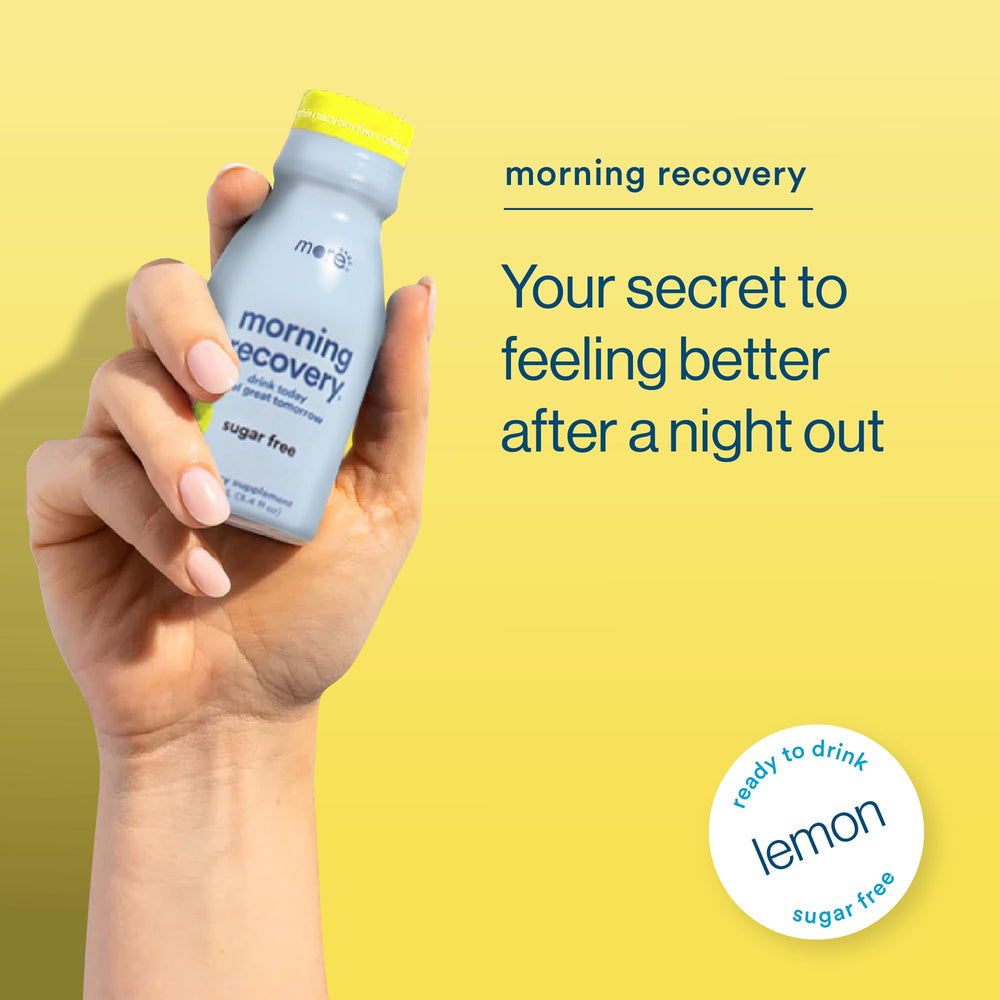 More Labs Morning Recovery bottle being poured to illustrate quick usage after beverages.