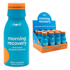 More Labs Morning Recovery electrolyte orange mango bottle for on-the-go hydration after drinking.