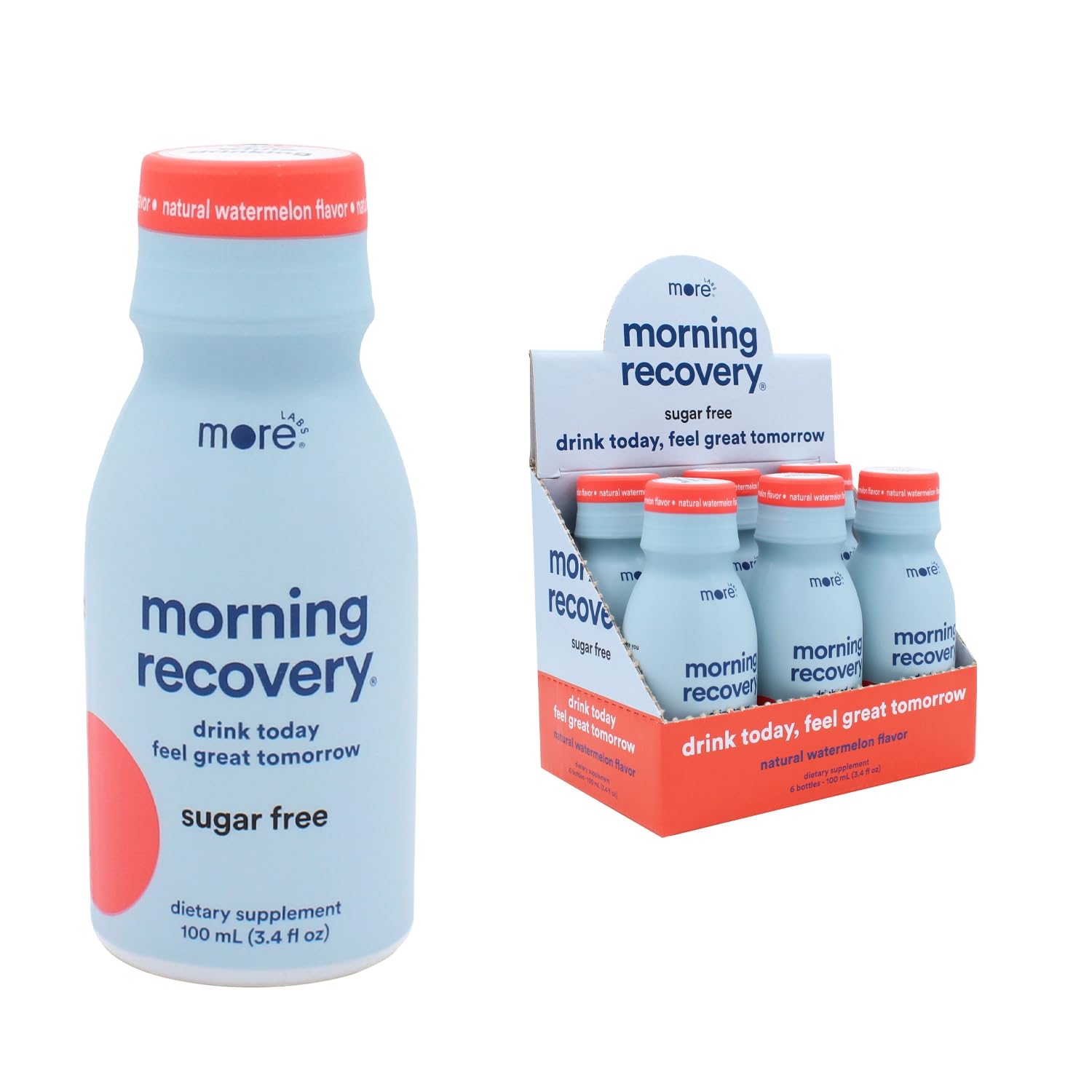 More Labs Morning Recovery watermelon electrolyte bottle ready to sip for hydration.