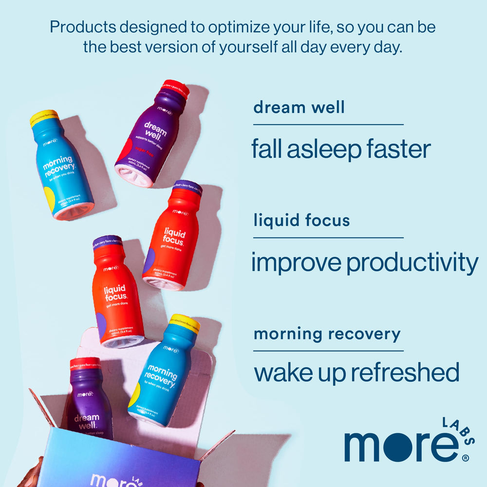 More Labs Morning Recovery lemon slice accent beside bottle.