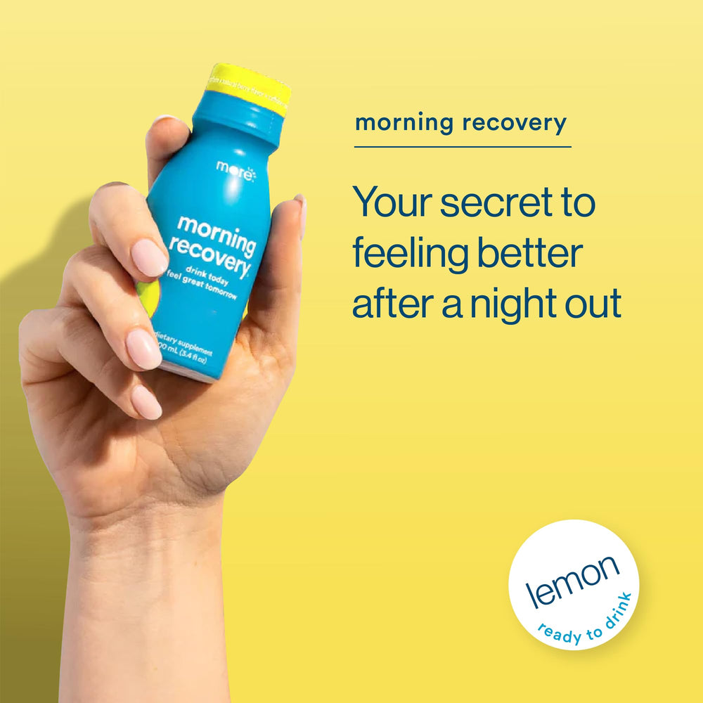 Close up Morning Recovery bottle showing clear liquid and quick use after social events.