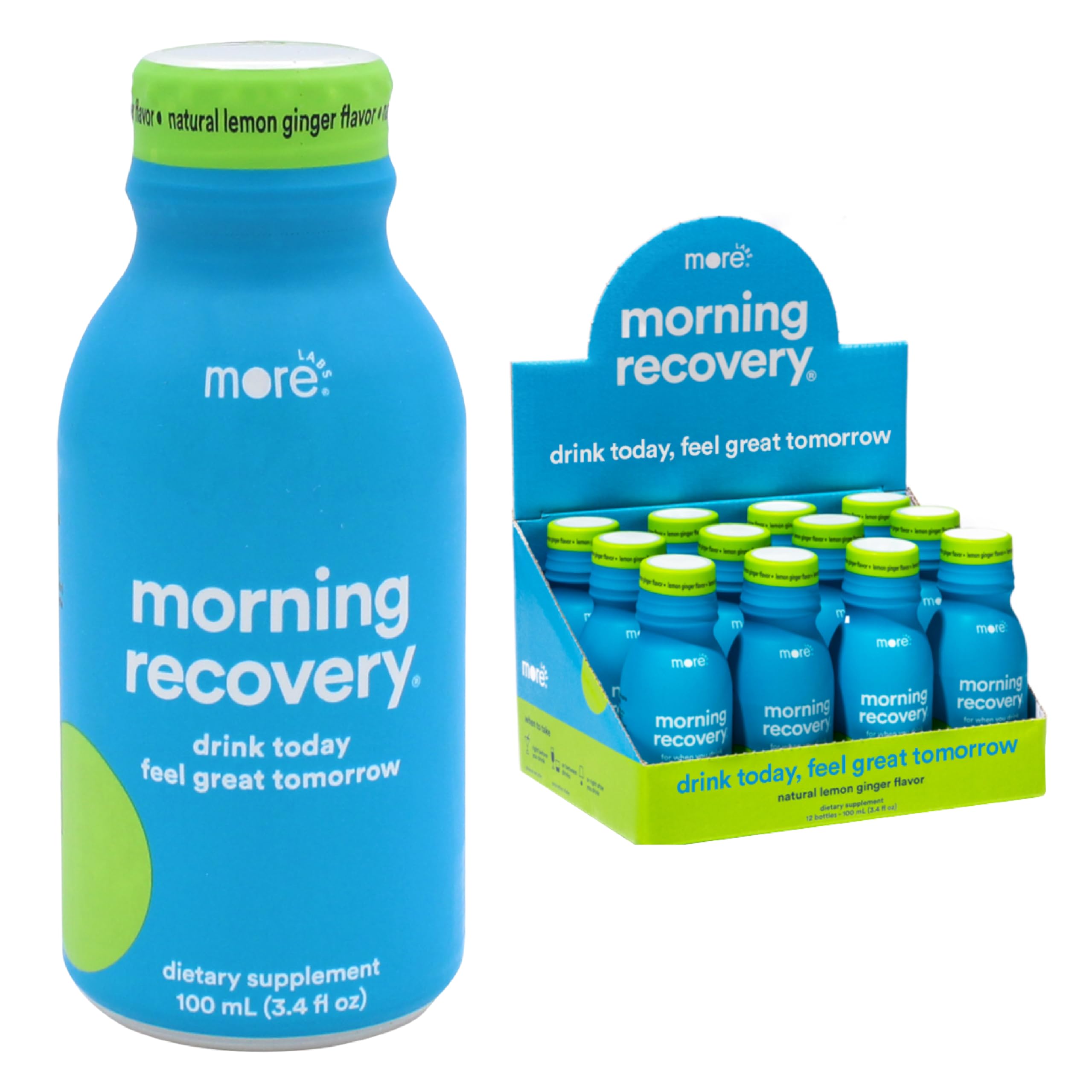 More Labs Morning Recovery electrolyte bottle with lemon-ginger flavor for post-drink hydration.