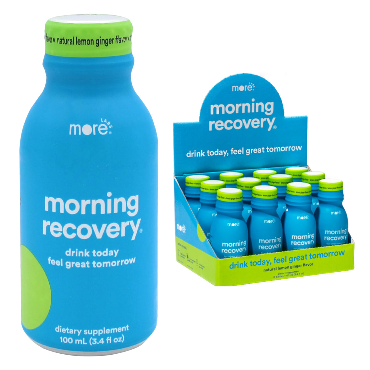 More Labs Morning Recovery electrolyte bottle with lemon-ginger flavor for post-drink hydration.