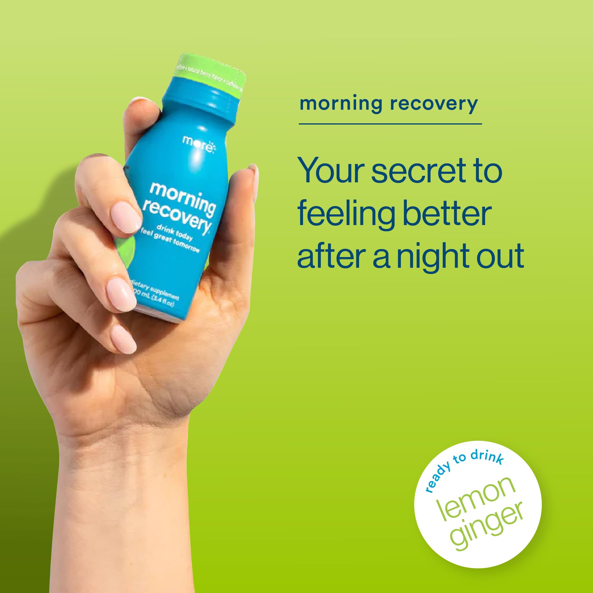More Labs Morning Recovery in a glass highlights easy dissolution and refreshing taste.