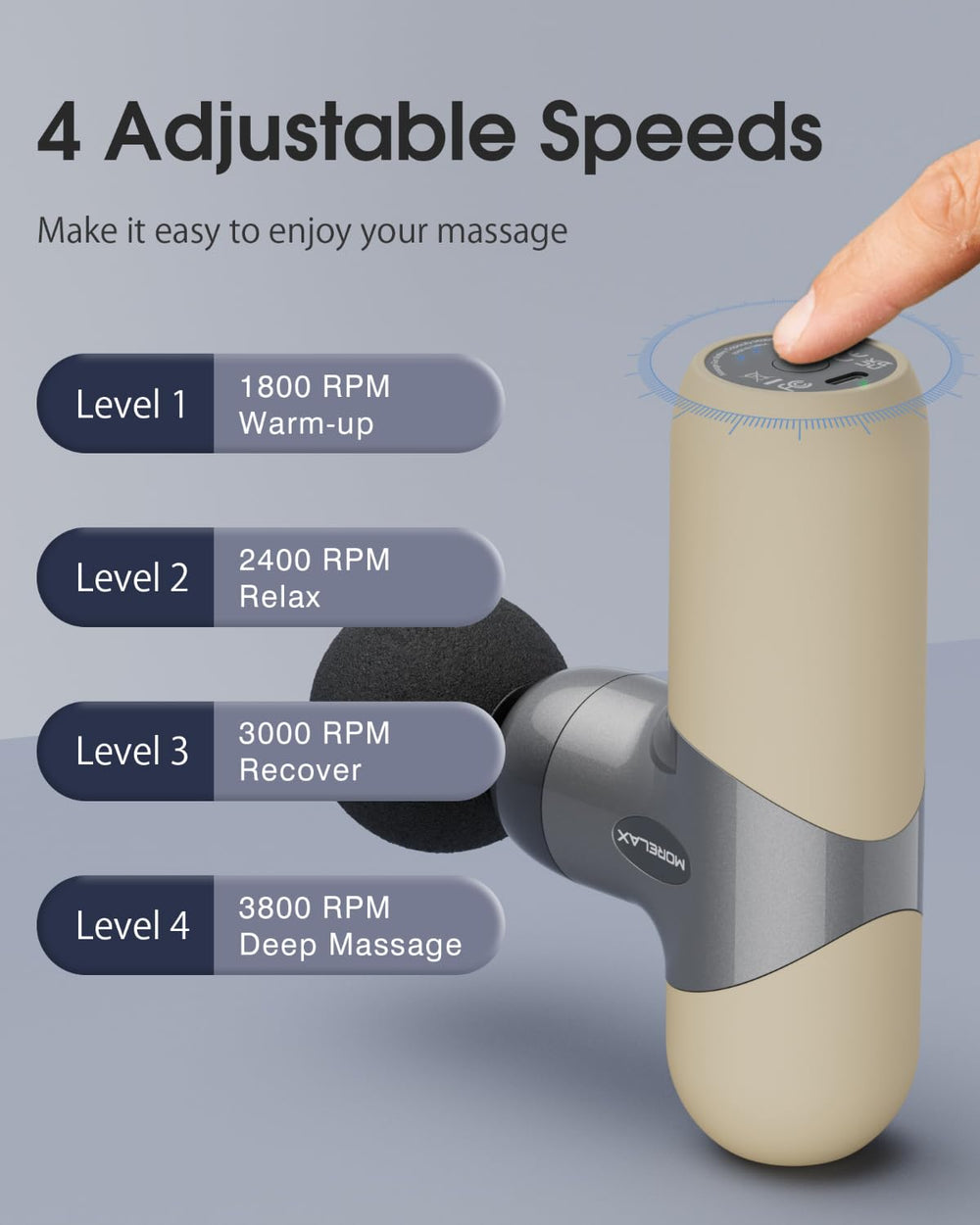 Morelax Mini Massage Gun with detailed attachment heads for customized relief.