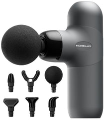 Morelax Mini Massage Gun in packaging shows compact design for travel and quick relief.