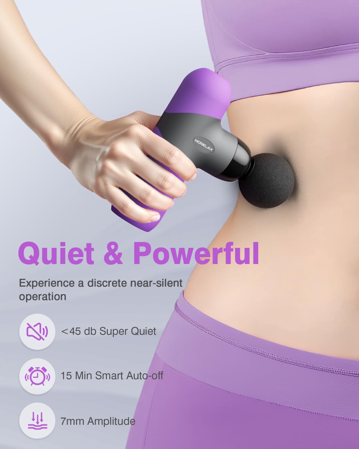 Morelax Mini Massage Gun ultra-quiet motor supports discreet home or gym use.