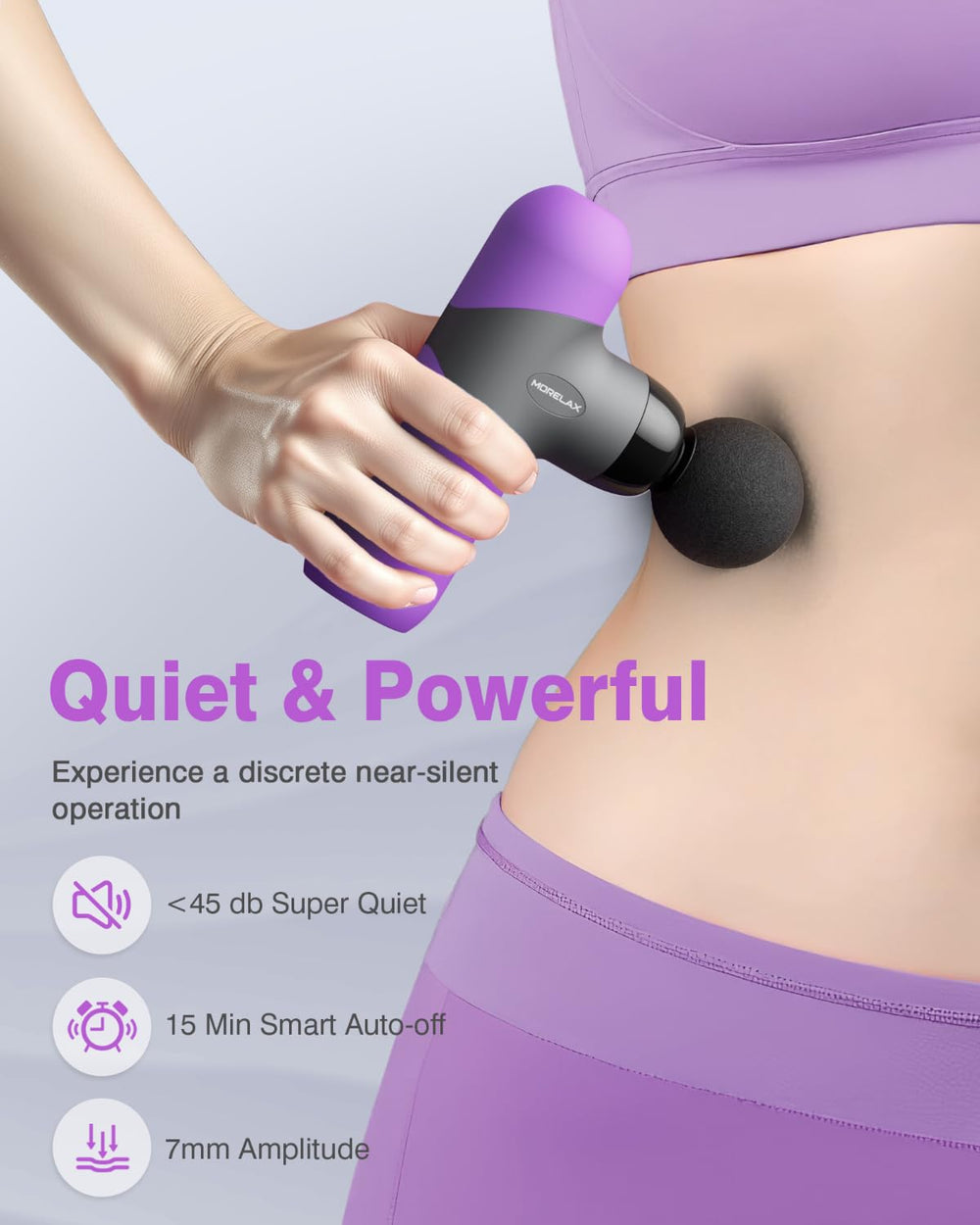 Morelax Mini Massage Gun ultra-quiet motor supports discreet home or gym use.