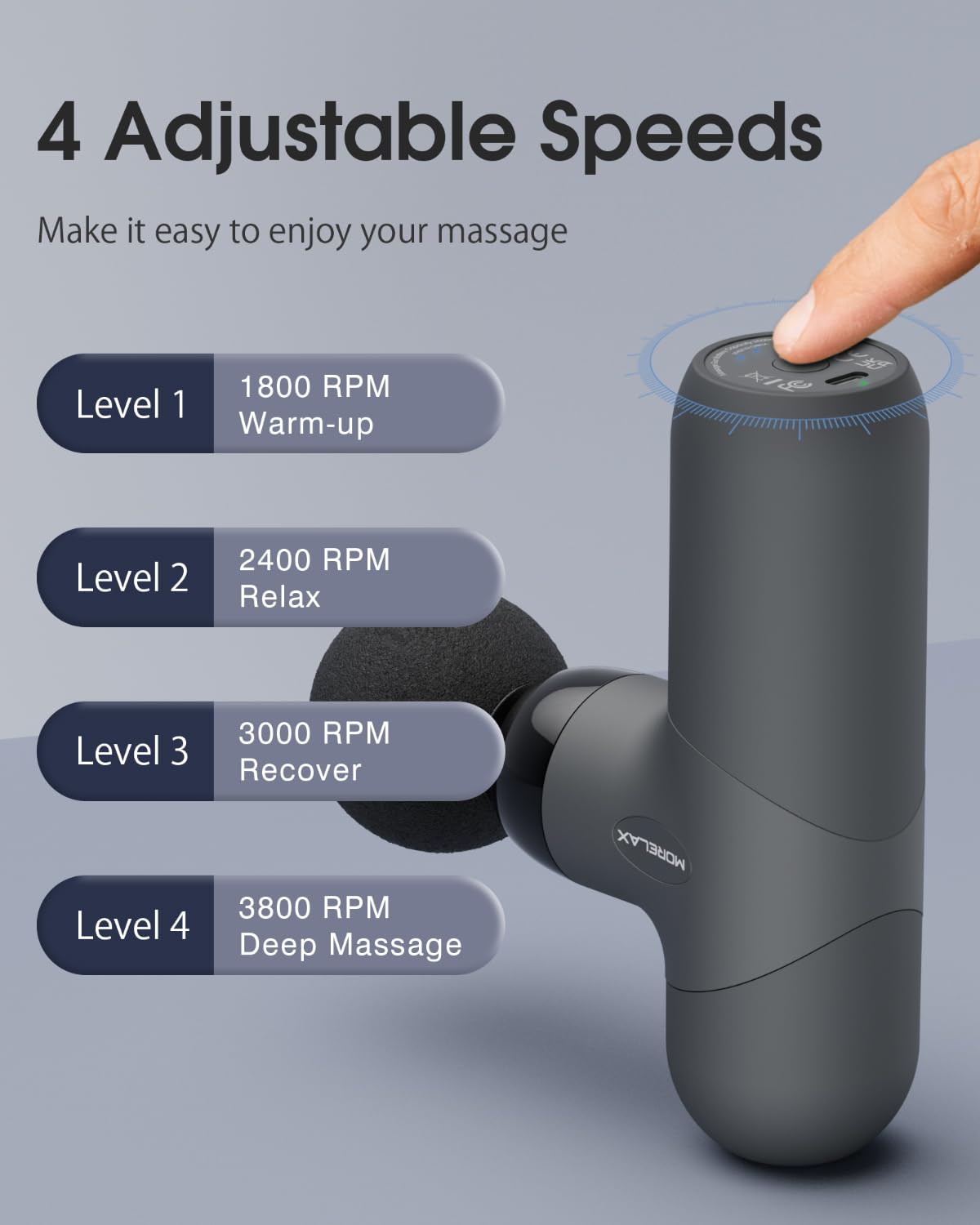 Morelax Mini Massage Gun quiet operation ideal for home, office, or gym use.