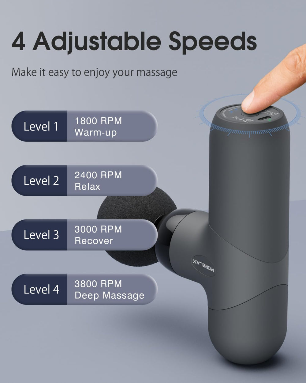 Morelax Mini Massage Gun quiet operation ideal for home, office, or gym use.