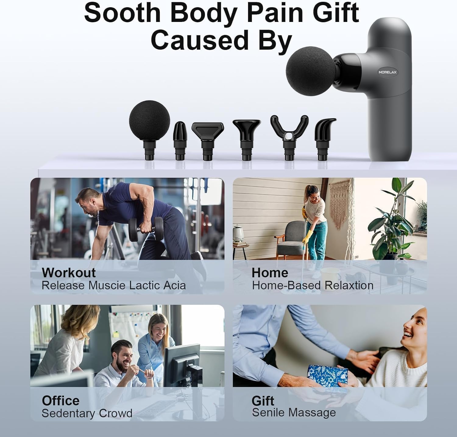 Morelax Mini Massage Gun operates quietly for discreet use at home or office.