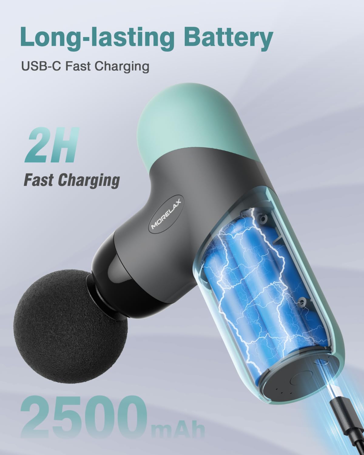 Morelax Mini Massage Gun side view highlighting compact profile for travel