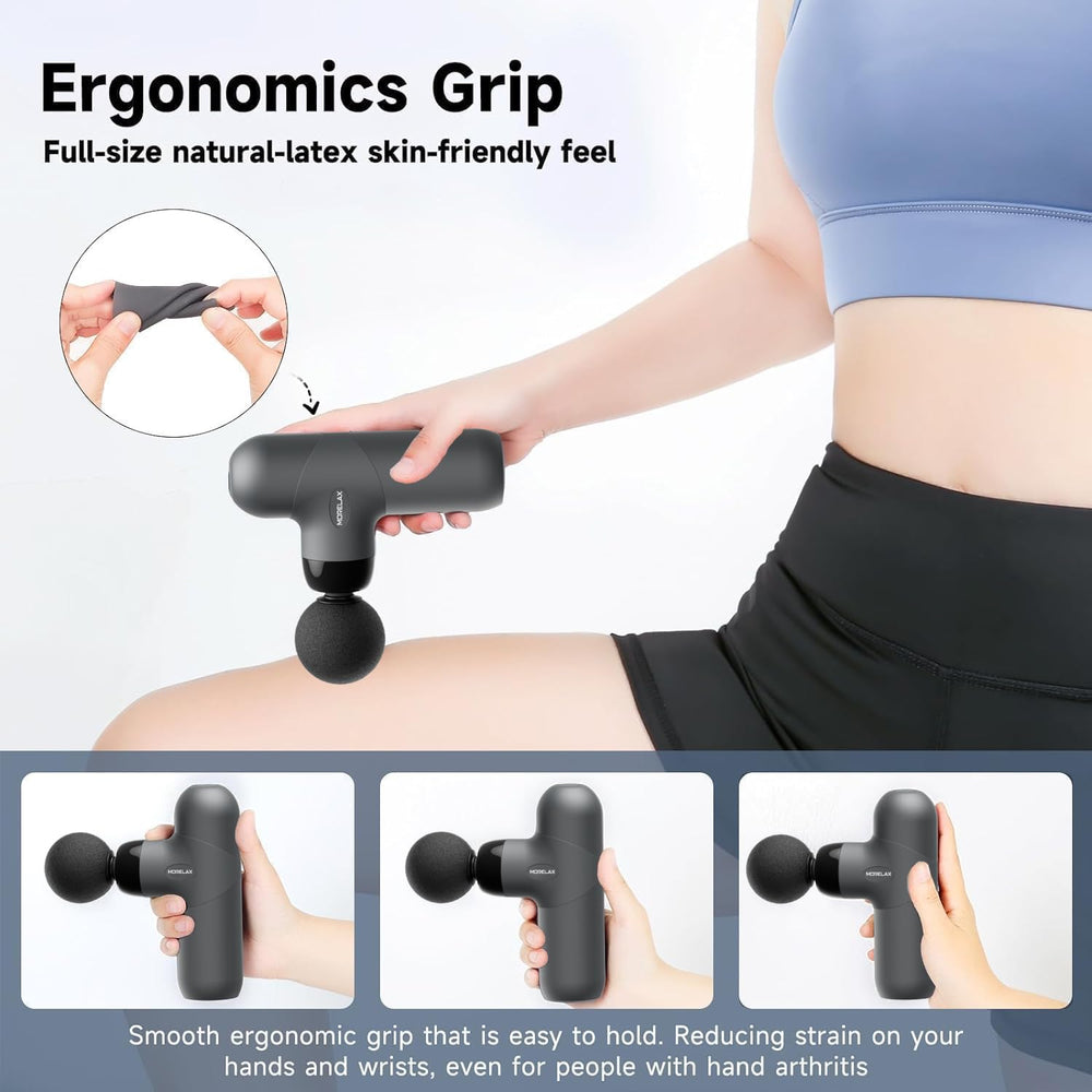 Morelax Mini Massage Gun applied to shoulder to ease stiffness after workouts.