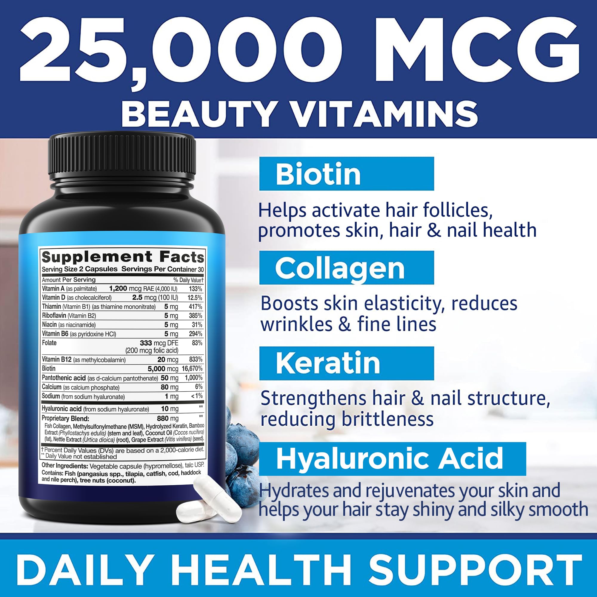 MOREX VITAMINS 25000mcg hair vitamins label highlights high potency support for hair