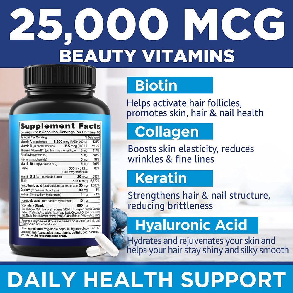 MOREX VITAMINS 25000mcg hair vitamins label highlights high potency support for hair