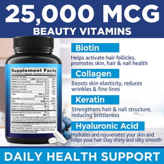 MOREX VITAMINS 25000mcg hair vitamins label highlights high potency support for hair