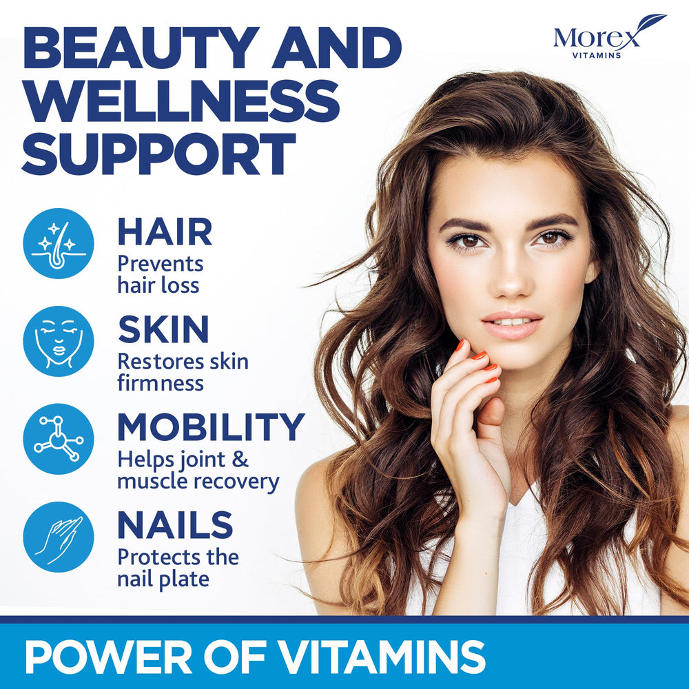 Morex Vitamins Berry-flavored gummies closeup—delicious daily beauty support.