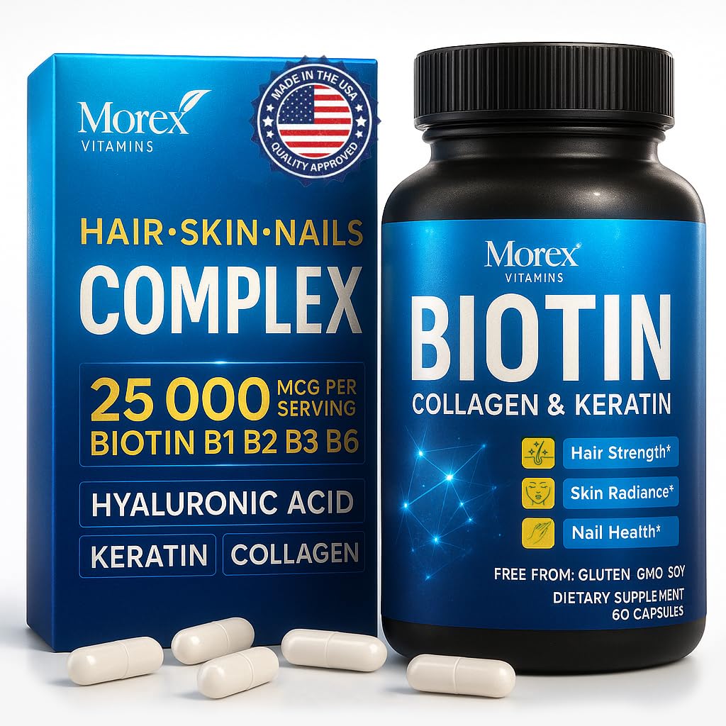 MOREX VITAMINS biotin-collagen-keratin bottle close-up promotes hair strength
