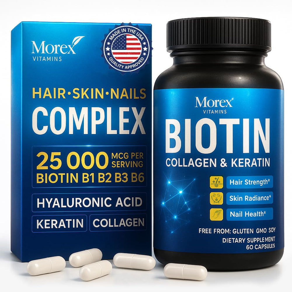 MOREX VITAMINS biotin-collagen-keratin bottle close-up promotes hair strength